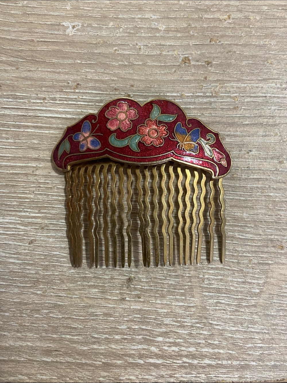 Vintage Red Floral Enamel Metal Hair Comb with Gold-Tone Teeth